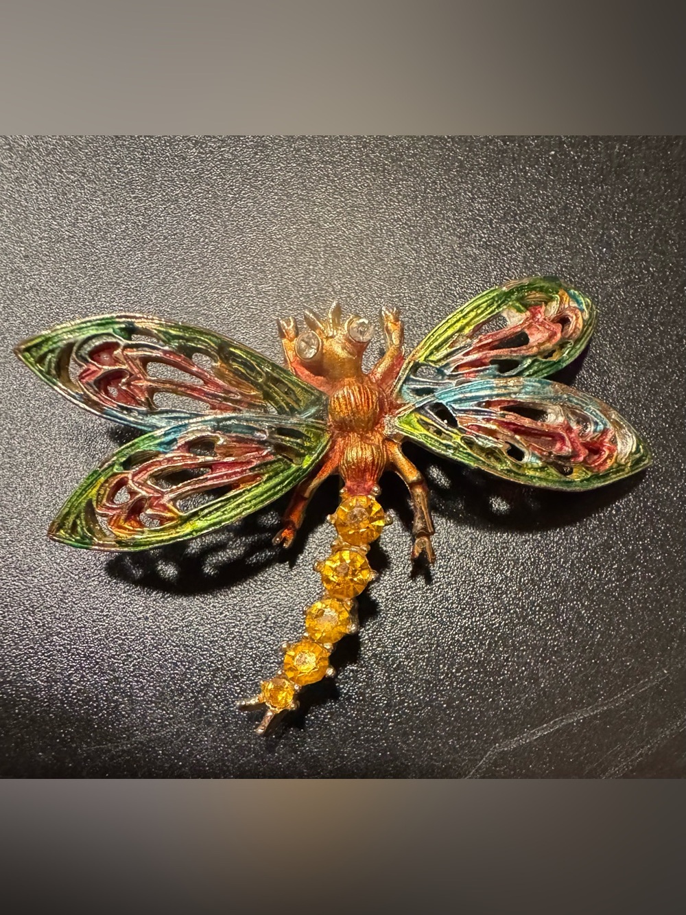Vintage ART Gold Tone Multicolor Dragonfly Brooch